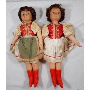 Rubber Faced Cloth Dolls 18" Unmarked Fabric Red Boots Blue Eyes Brunette Cloth